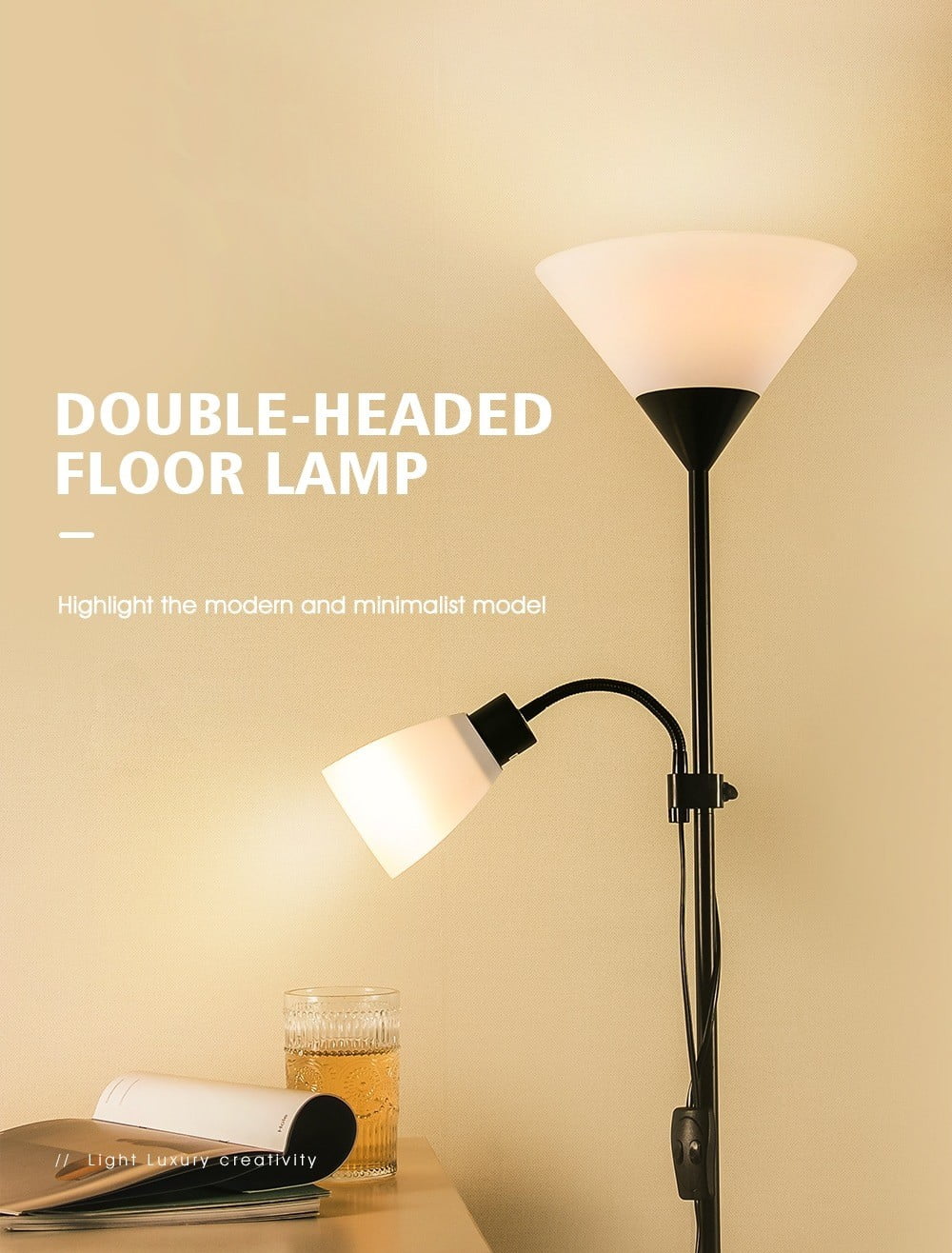Vloerlamp met 2 lampen - 178cm - Zwart